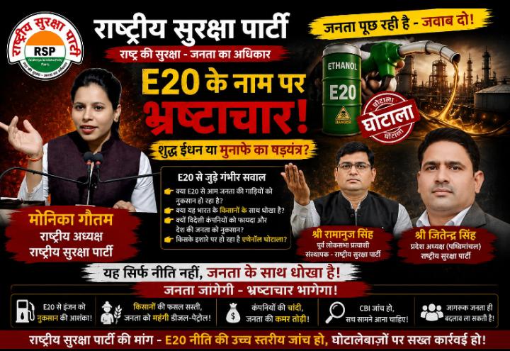 Political awareness poster by Rashtriya Suraksha Party (RSP) raising questions about the E20 fuel policy and promoting transparent governance and public interest.