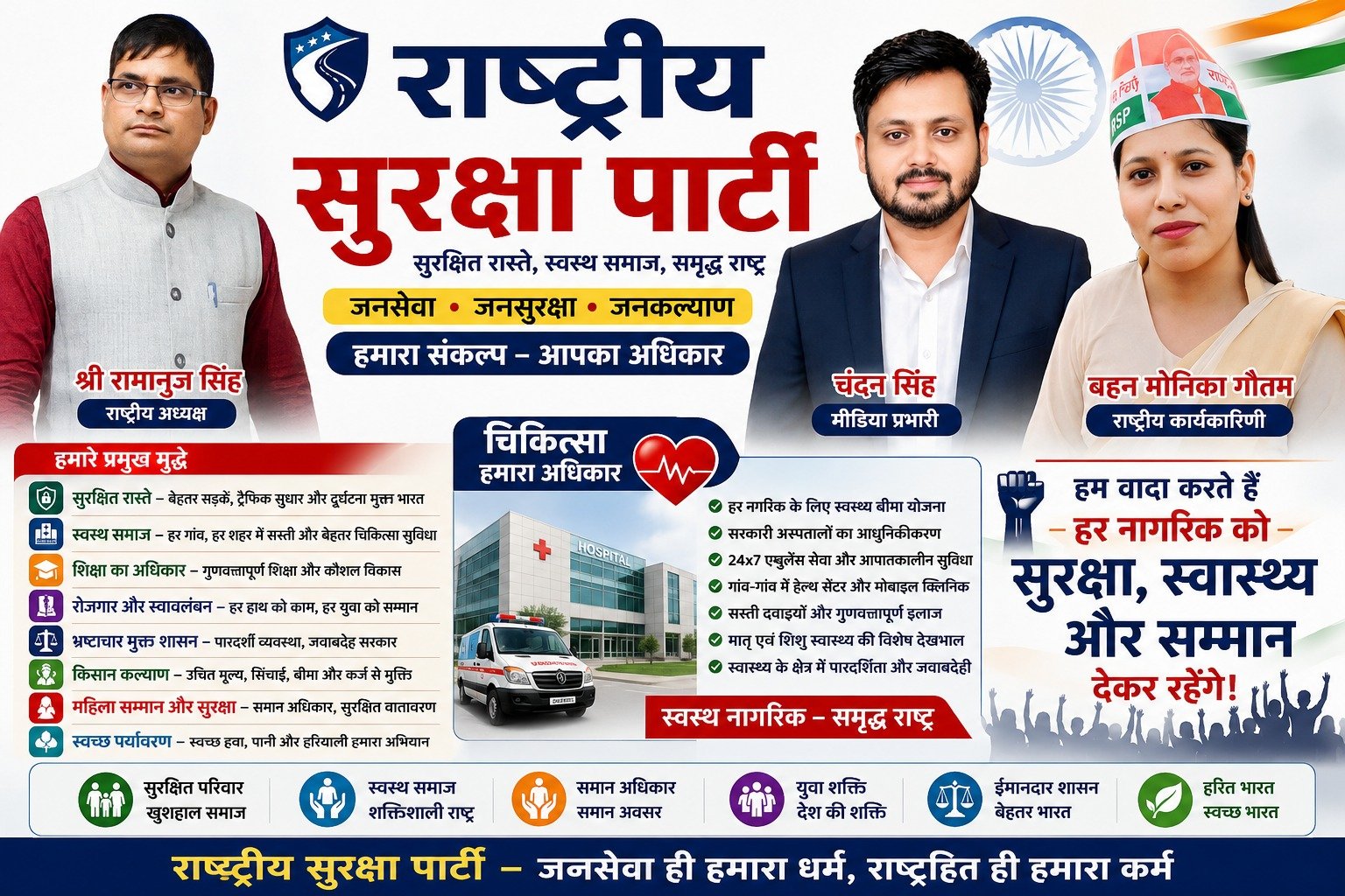 Political campaign poster of Rashtriya Suraksha Party promoting affordable healthcare, public welfare, medical rights, and healthy citizens, featuring party leaders and healthcare reform initiatives.