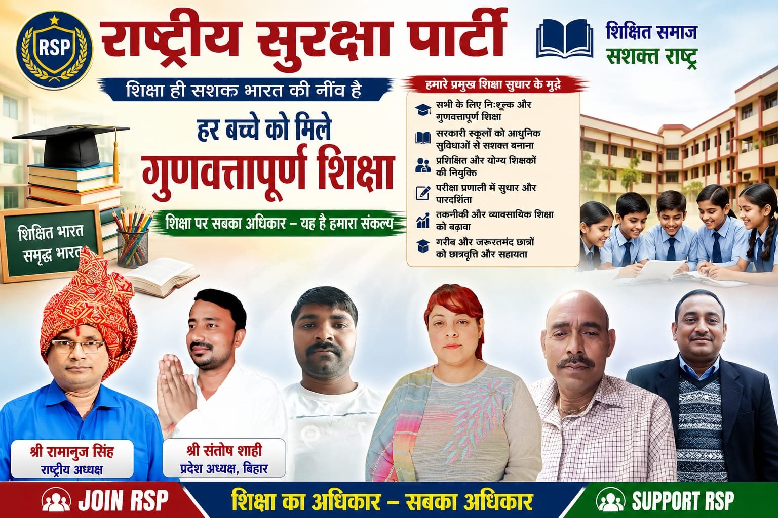 Political campaign poster by Rashtriya Suraksha Party promoting quality education for every child, featuring education reform, modern schools, skilled teachers, and equal learning opportunities.