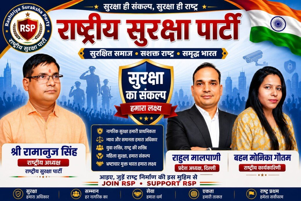 Political campaign poster of Rashtriya Suraksha Party featuring Ramanuj Singh, Rahul Malpani, and Monica Gautam with the slogan "Suraksha Ka Sankalp, Hamara Lakshya" promoting national security, justice, and good governance.