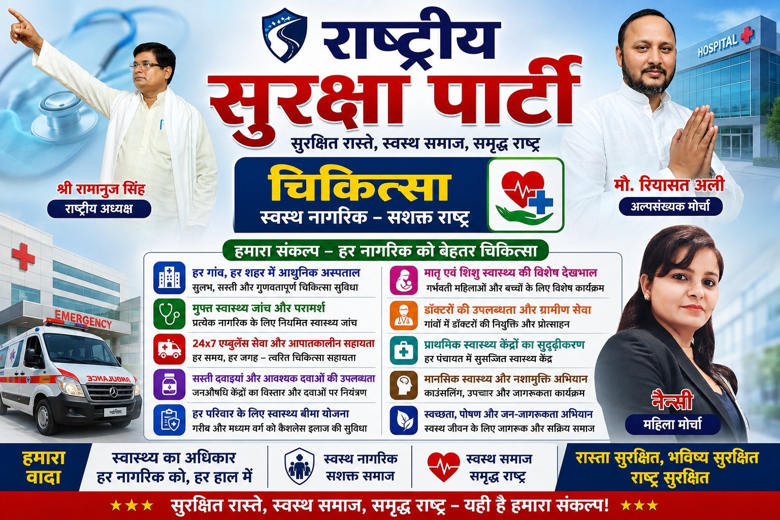 Political campaign poster of Rashtriya Suraksha Party promoting affordable healthcare, modern hospitals, emergency medical services, health insurance, and improved public healthcare for all citizens.