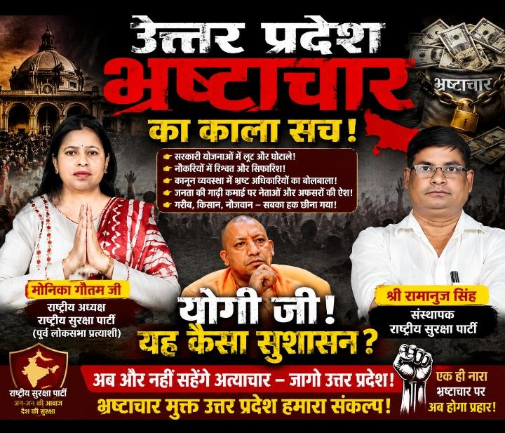 Rashtriya Suraksha Party (RSP) campaign poster highlighting concerns about corruption in Uttar Pradesh, featuring Monika Gautam, Ramanuj Singh, and a call for transparency, accountability, and good governance.