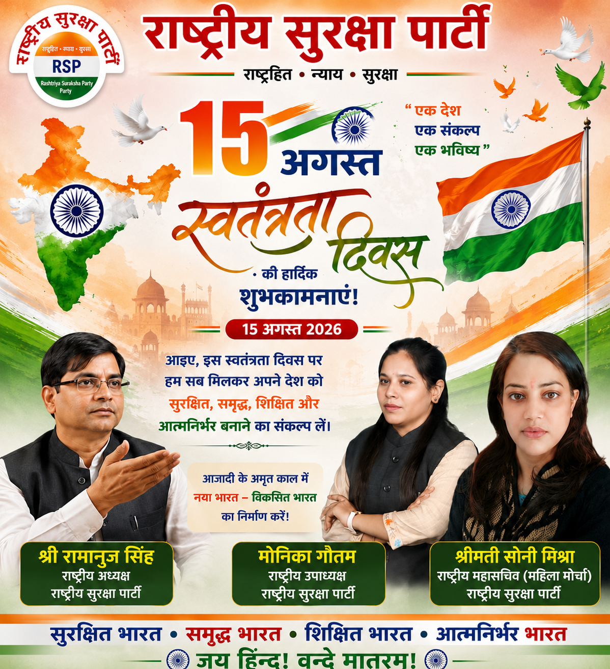 राष्ट्रीय सुरक्षा पार्टी की ओर से स्वतंत्रता दिवस की हार्दिक शुभकामनाएँ