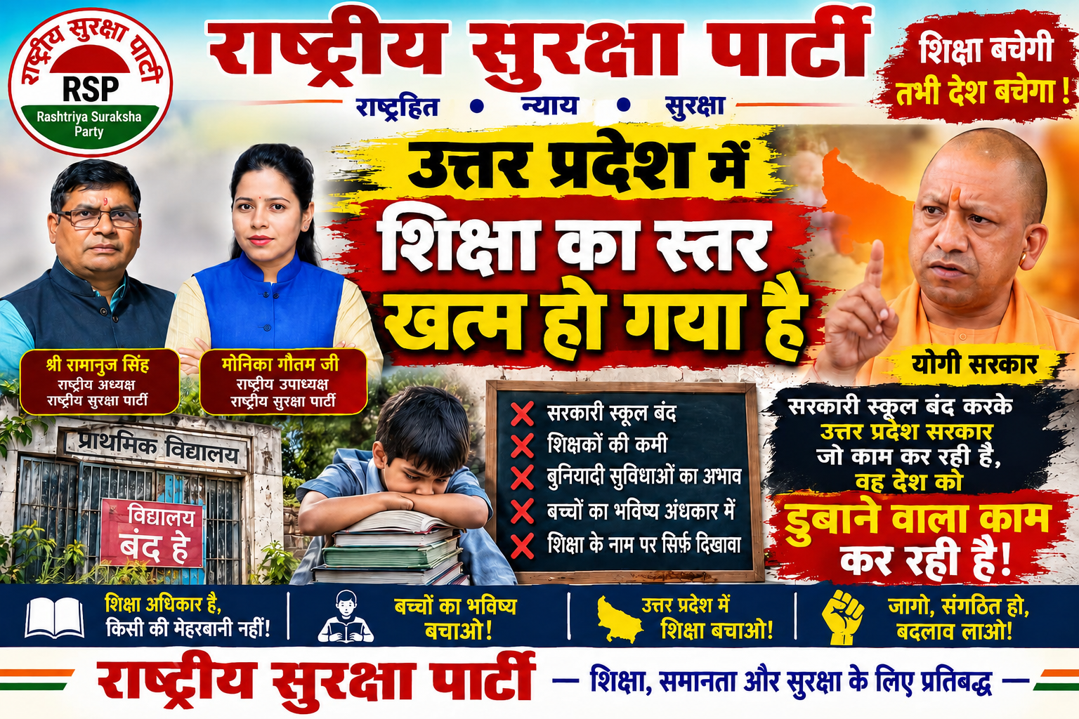 उत्तर प्रदेश में शिक्षा का स्तर खत्म होने पर राष्ट्रीय सुरक्षा पार्टी ने उठाए सवाल ?