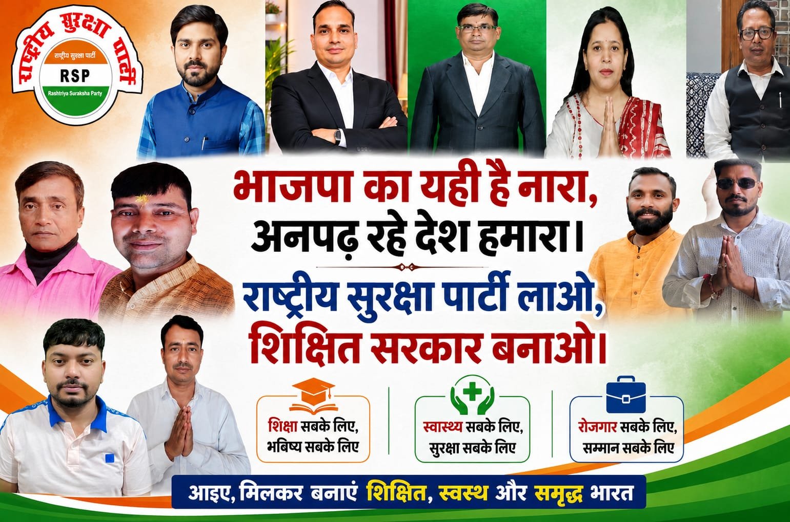 राष्ट्रीय सुरक्षा पार्टी का शिक्षा, स्वास्थ्य और रोजगार पर केंद्रित राजनीतिक पोस्टर