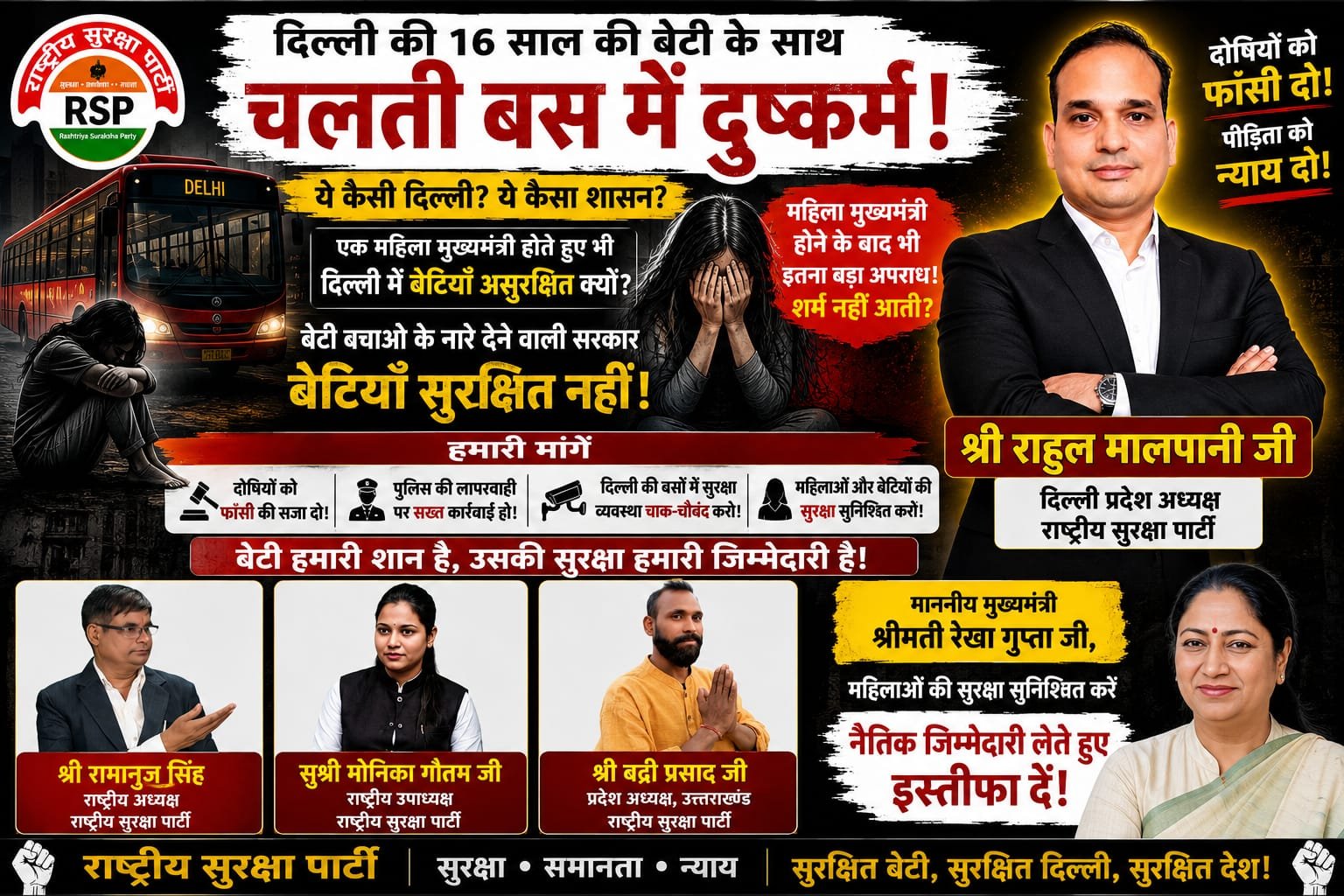 दिल्ली में बेटियों की सुरक्षा पर उठे सवाल, राष्ट्रीय सुरक्षा पार्टी ने की सख्त कार्रवाई की मांग!