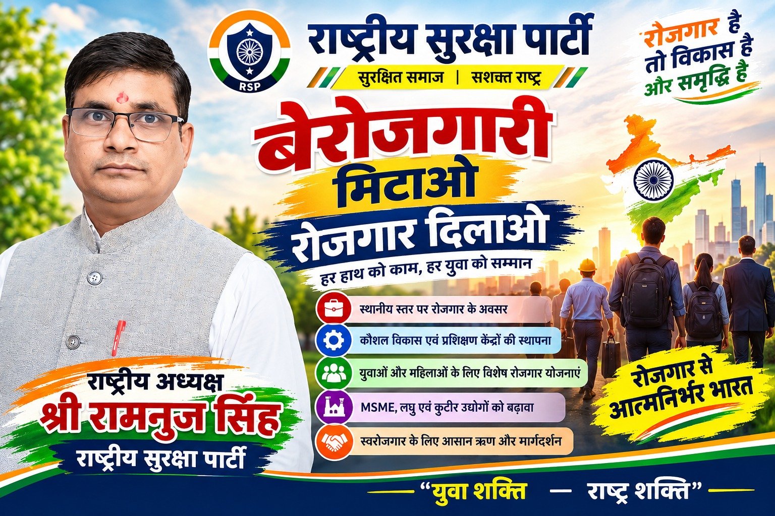 बेरोजगारी मिटाओ, रोजगार दिलाओ | राष्ट्रीय सुरक्षा पार्टी RSP का रोजगार और युवा सशक्तिकरण संकल्प!
