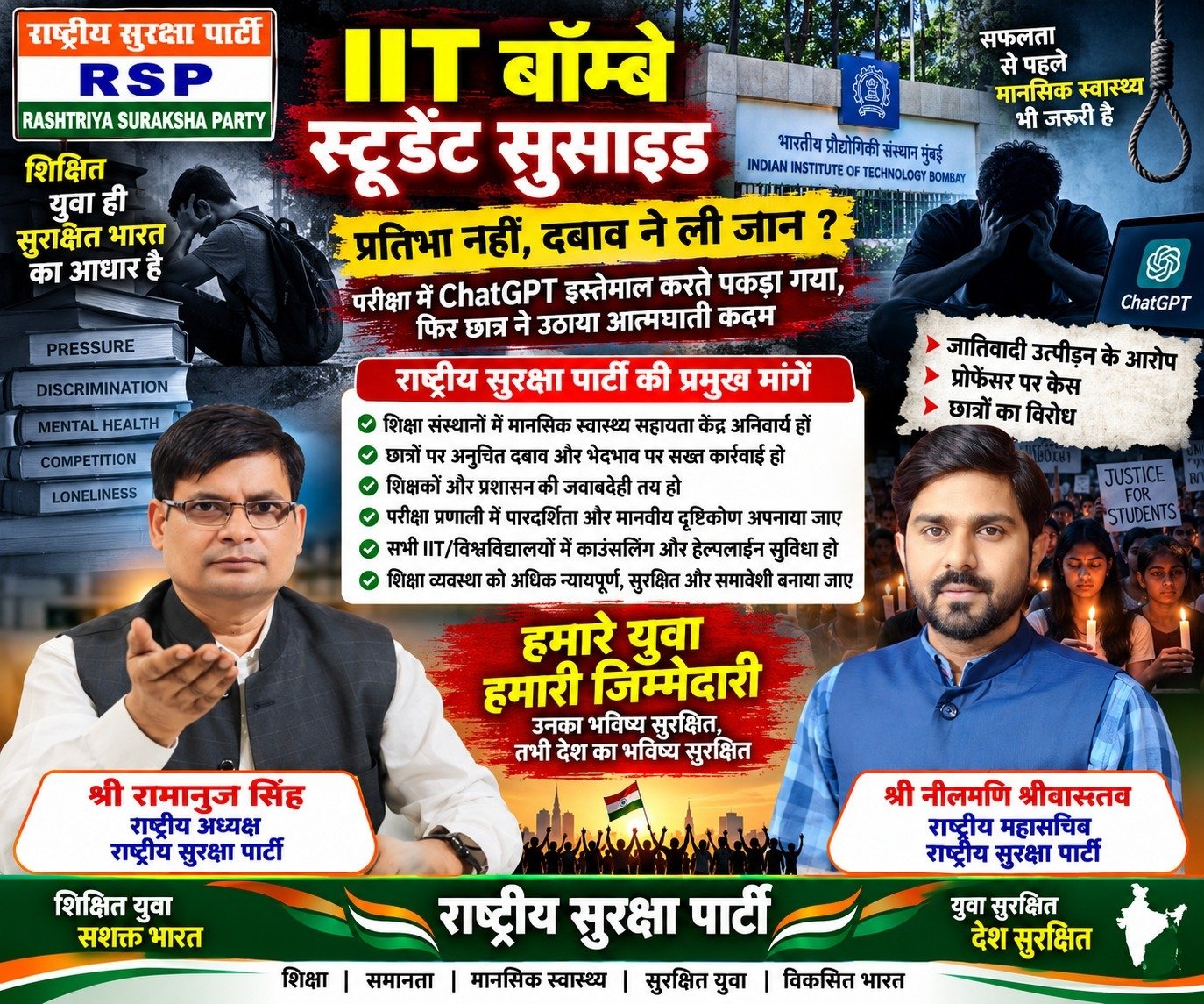 राष्ट्रीय सुरक्षा पार्टी (RSP) का IIT बॉम्बे छात्र सुसाइड मामले पर शिक्षा और मानसिक स्वास्थ्य संदेश!