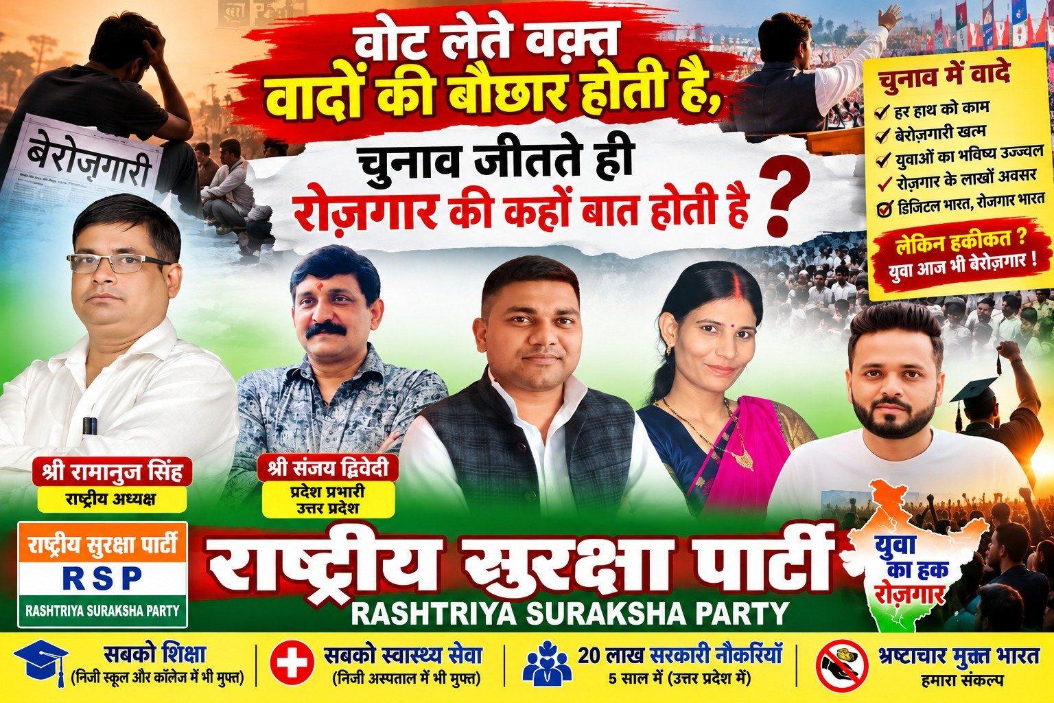 राष्ट्रीय सुरक्षा पार्टी का सवाल – चुनावी वादे बहुत, युवाओं के रोजगार की बात कहाँ?