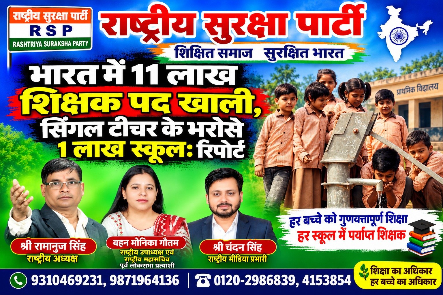 भारत में 11 लाख शिक्षक पद खाली, 1 लाख स्कूल सिंगल टीचर के भरोसे | राष्ट्रीय सुरक्षा पार्टी RSP