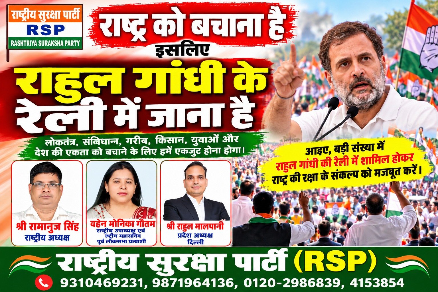 राष्ट्र की रक्षा के लिए राहुल गांधी की रैली में शामिल होने की अपील | राष्ट्रीय सुरक्षा पार्टी (RSP)